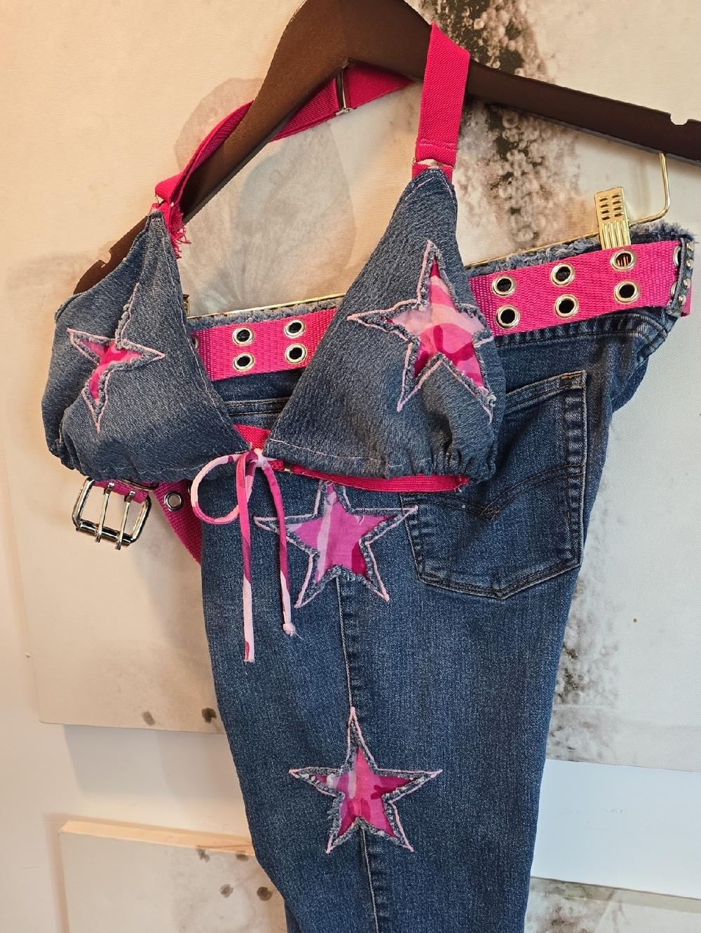 ⭐️Vintage 80's Custom Denim 2pce Set Pink Camo Stars & Stretch Denim - Picture 2 of 16